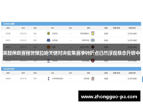 英超保级赛程警报拉响关键对决密集赛季转折点已然浮现悬念升级中 英超保级赛程警报拉响关键对决密集赛季转折点已然浮现悬念升级中